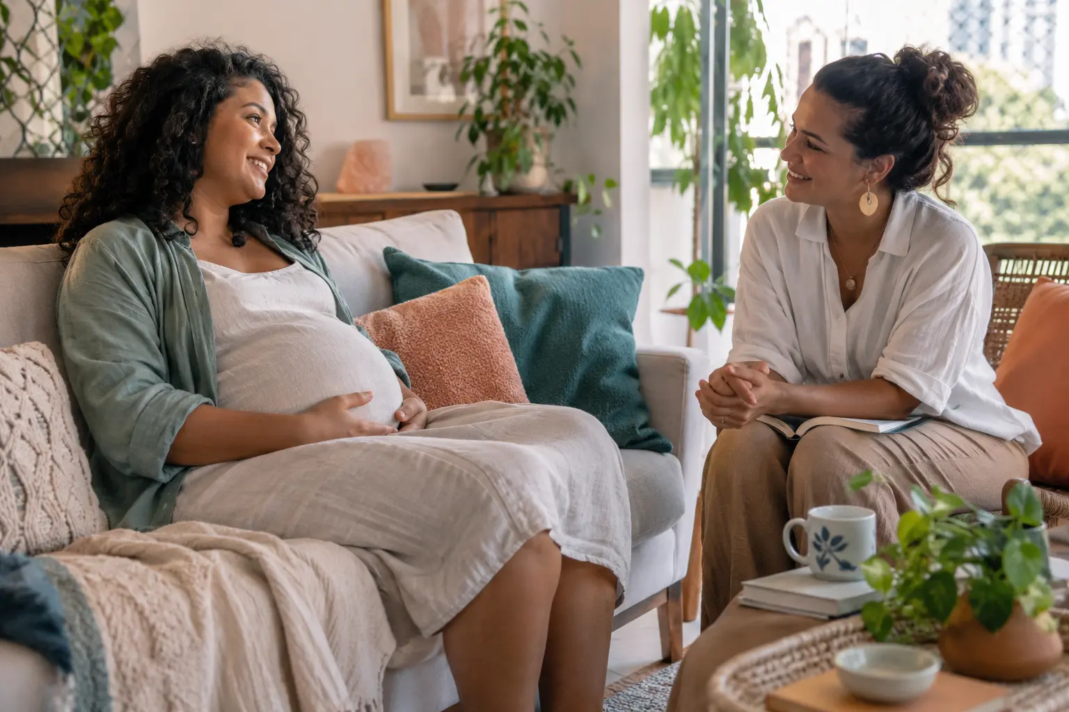 Cena ilustrativa de uma doula acolhendo uma gestante durante a preparação para o parto
